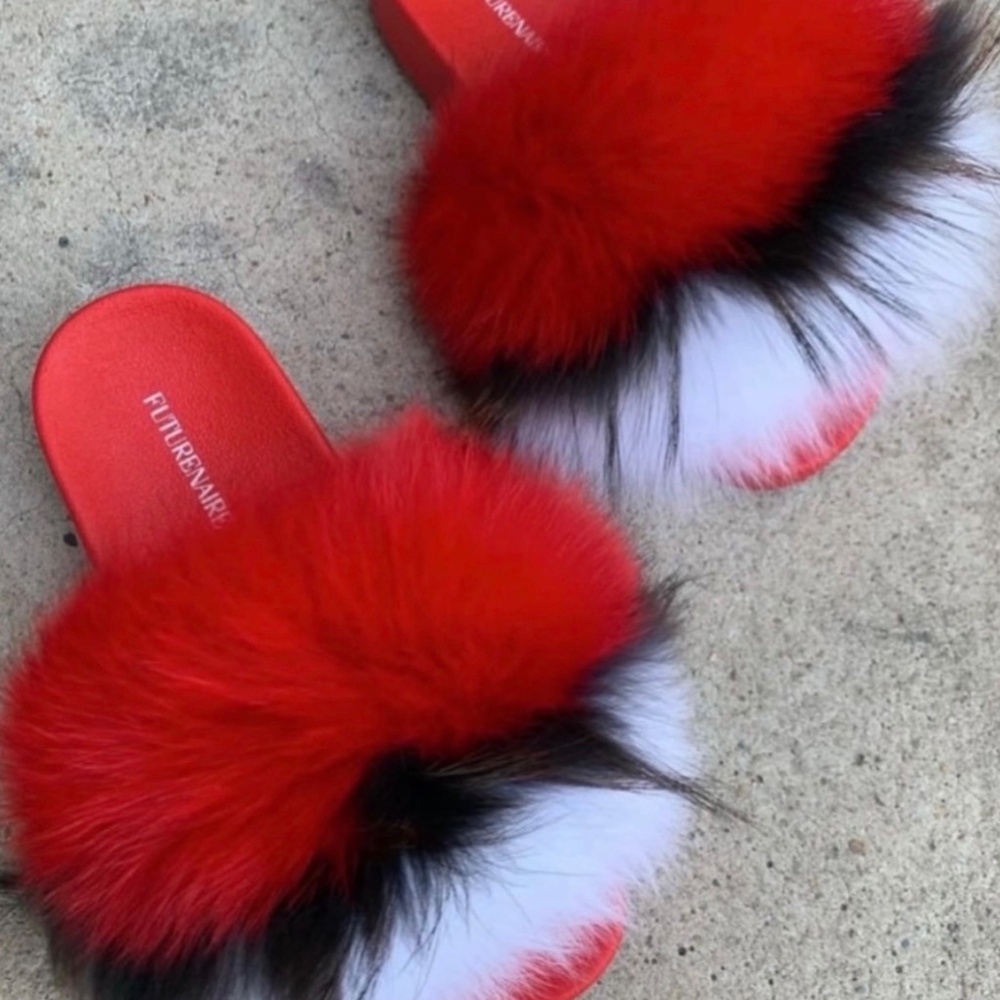 Red Shadow Custom Real Fur Unique Slides Sizes 9.… - image 2